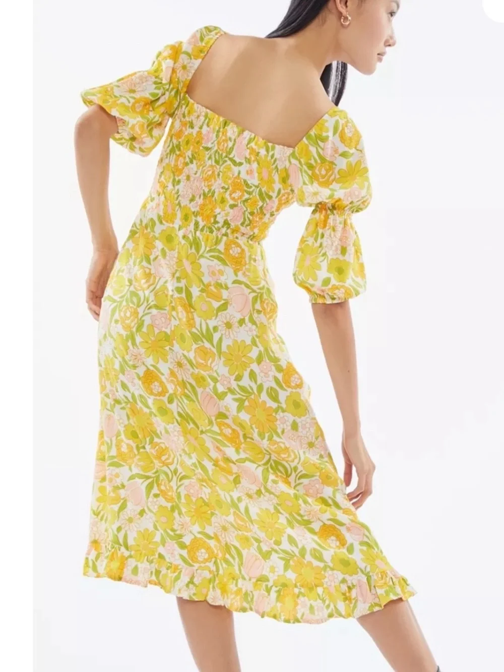 Faithfull The Brand Nora Floral Crepe Midi Dress Size 4 Small Yellow